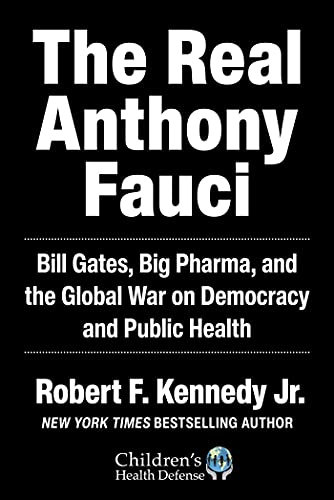 Book cover with white text on a black background titled The Real Anthony Fauci.