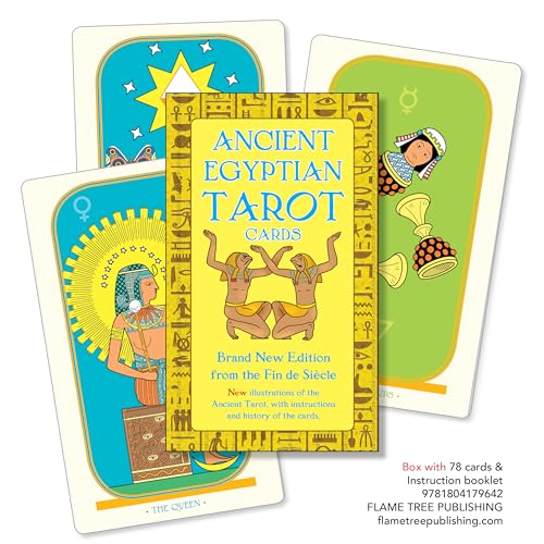 Ancient Egyptian Tarot card box set with illustrated cards featuring Egyptian motifs and figures.