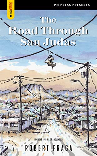 Book cover with sketched landscape, power lines, and a hanging shoe.