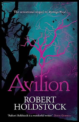Book cover for "Avilion" with a silhouetted figure and glowing pink tree.