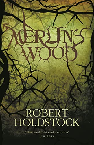 Book cover for “Merlin’s Wood” with dark branches and green tones.