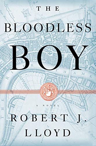 Book cover for “The Bloodless Boy” with map background and crest.