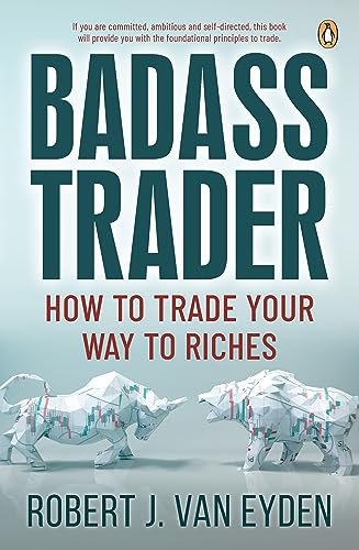 Book cover: "Badass Trader" with origami bull and bear figures.