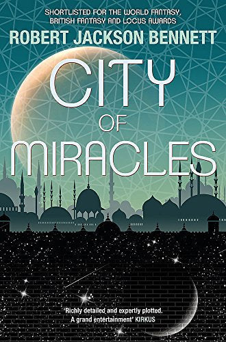 Book cover showing a city silhouette against a teal sky with a large moon.