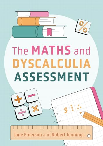 Book cover titled The Maths and Dyscalculia Assessment with illustrations of books and math symbols.