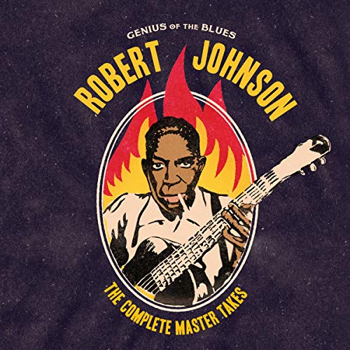 Robert Johnson album cover featuring a portrait with a guitar and flames.