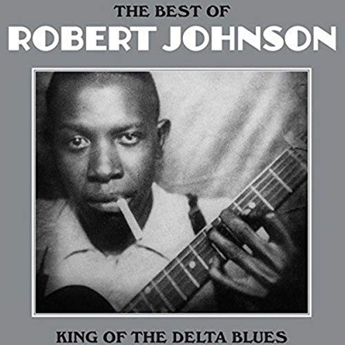 Robert Johnson’s portrait with a guitar, album cover for “King of the Delta Blues.”