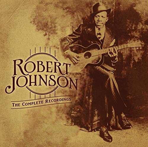 "Sepia-toned album cover with Robert Johnson holding a guitar, wearing a suit."
