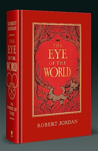 Red book cover with a tree, deer, and the title "The Eye of the World".