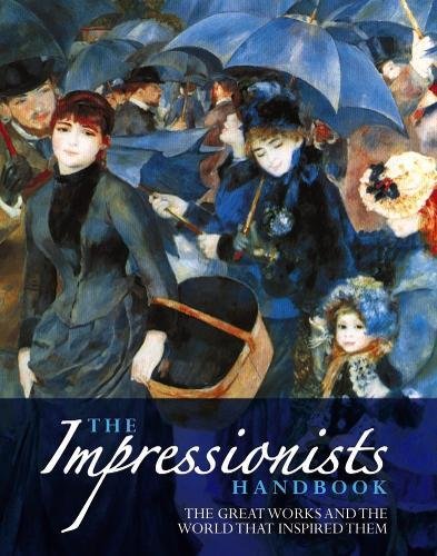 Book cover featuring a painting of people with umbrellas in a city.
