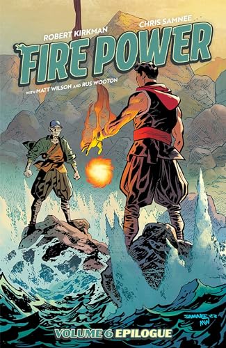 Comic book cover: two figures with fire power amidst mountainous, watery terrain.