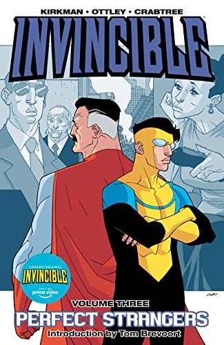 Comic book cover: "Invincible Vol. 3 Perfect Strangers" featuring superheroes.