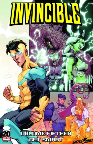 Invincible Volume 15 cover: superheroes Mark Grayson and Atom Eve face villains.