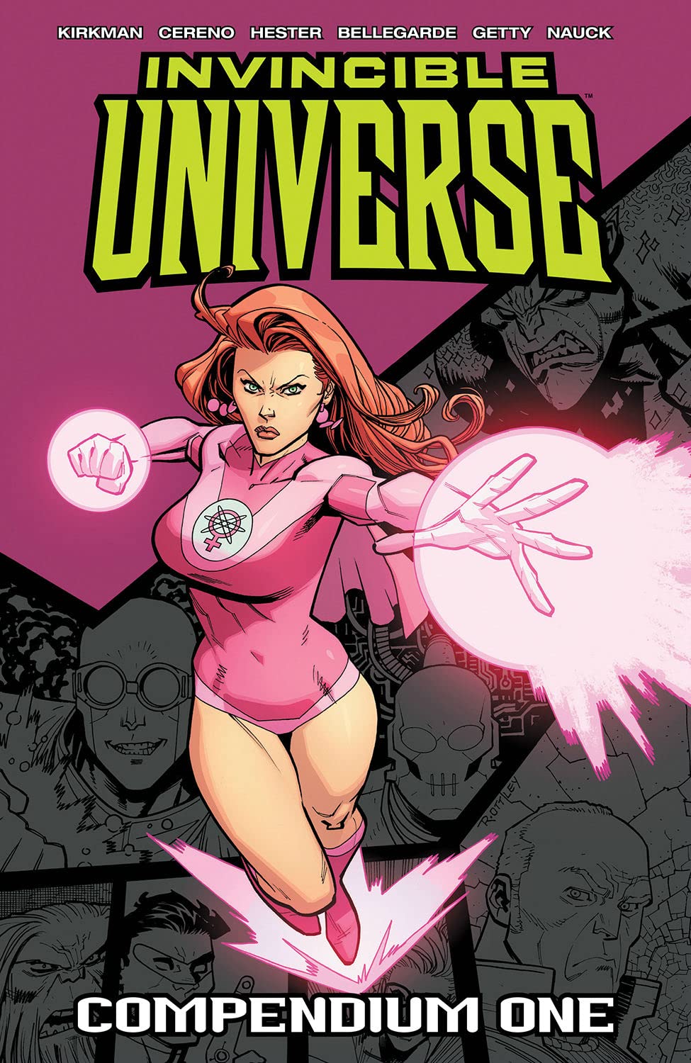 “Invincible Universe Compendium One” cover featuring a pink-suited superheroine.