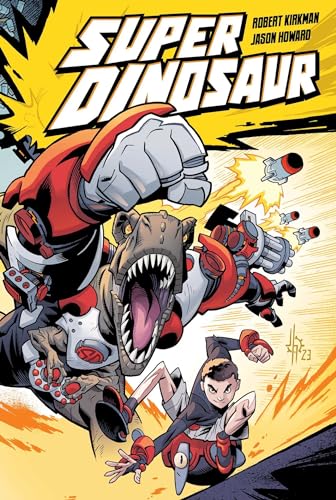Comic book cover featuring a robotic dinosaur and a jumping child.