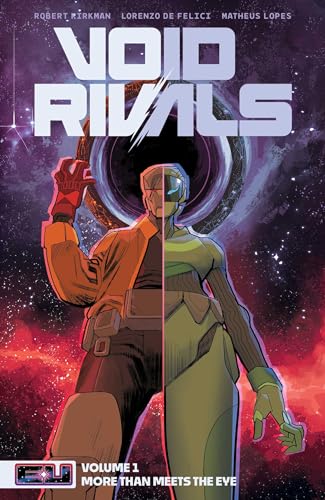 Comic book cover featuring a split-character figure standing before a black hole in space.