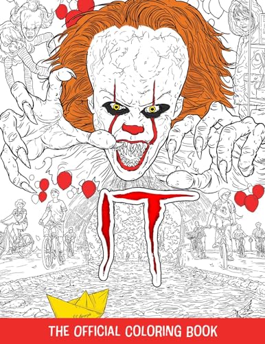 Black and white line drawing of Pennywise from "IT" with red details.