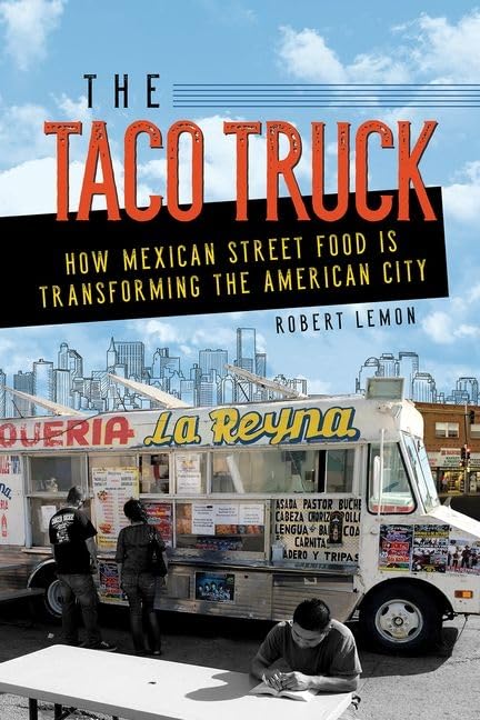 Book cover featuring a taco truck in front of a city skyline.