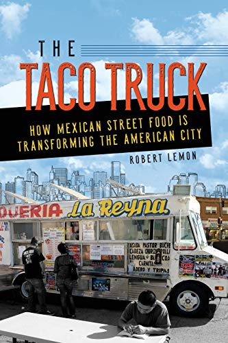 Book cover featuring a taco truck with a city skyline backdrop.