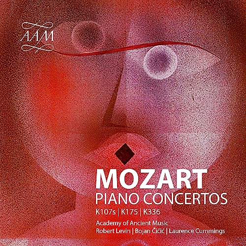 CD cover for Mozart piano concertos featuring abstract red artwork.