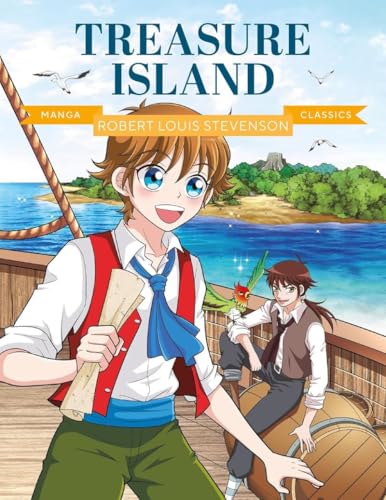 Manga cover of Treasure Island featuring Jim Hawkins and a parrot.