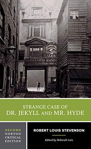 Book cover: Victorian street scene with title "Strange Case of Dr. Jekyll and Mr. Hyde".