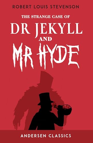 Red book cover with silhouetted figures and title “Dr Jekyll and Mr Hyde”.