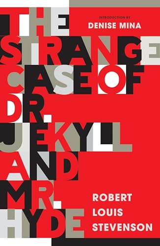 Book cover with bold red and white typography, “The Strange Case of Dr Jekyll and Mr Hyde.”