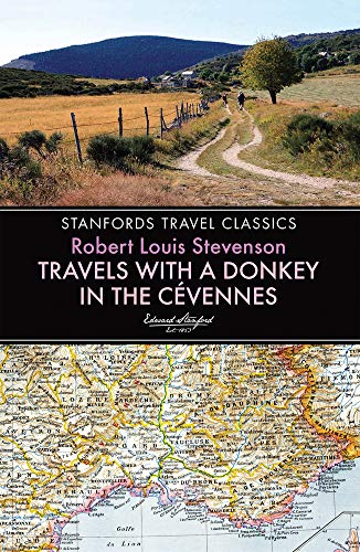 Book cover: mountain landscape, winding path, and title “Travels with a Donkey.”