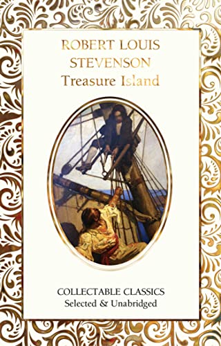 Book cover of "Treasure Island" featuring a ship and figures in an oval frame.