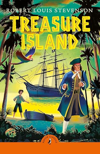 Book cover of “Treasure Island” featuring a ship, pirate, and parrot.