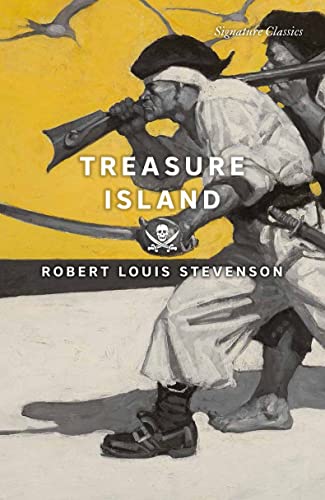 Book cover of "Treasure Island" depicting a pirate with a pistol.