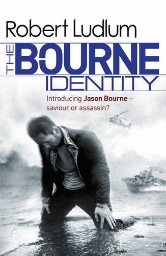 Book cover for The Bourne Identity showing a man kneeling in water with a boat.