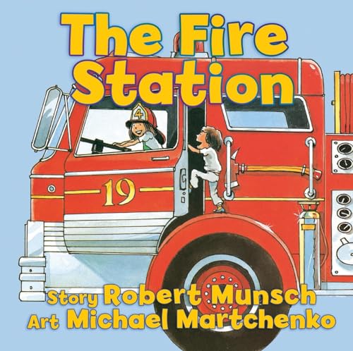 Red fire truck with a firefighter and child exiting the cab.
