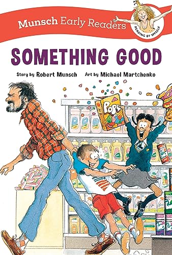 Book cover: two boys and a man in a grocery store, illustrated.