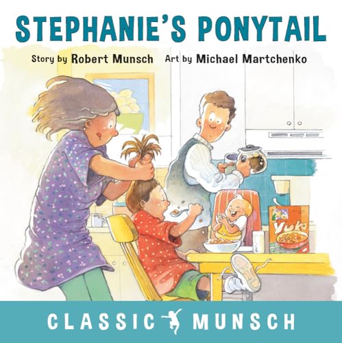 Book cover: a girl getting her ponytail cut, family at breakfast.