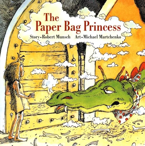 Book cover: princess in a paper bag faces a green dragon.