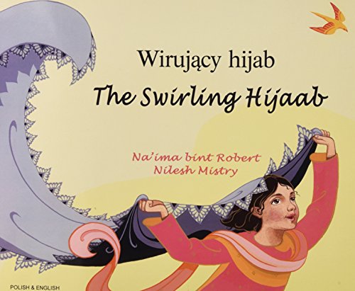 Book cover: girl in hijab with swirling fabric, Polish and English text.