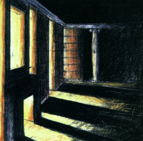 Dark, abstract crayon drawing of a room's interior with light and shadow.