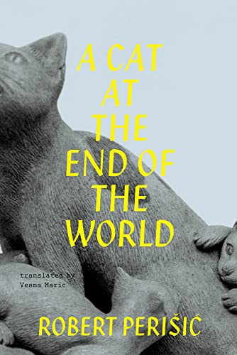 Book cover: gray cat sculpture with yellow title "A Cat At The World".