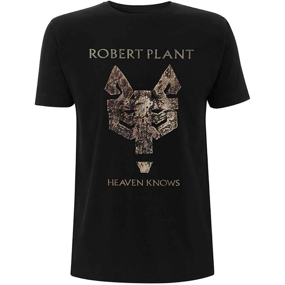 Black t-shirt with “Robert Plant Heaven Knows” graphic and text.