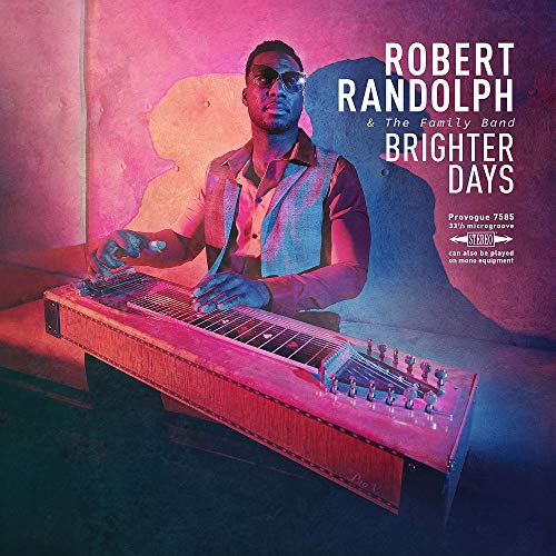 "Man playing a pedal steel guitar on an album cover with pink and blue lighting."