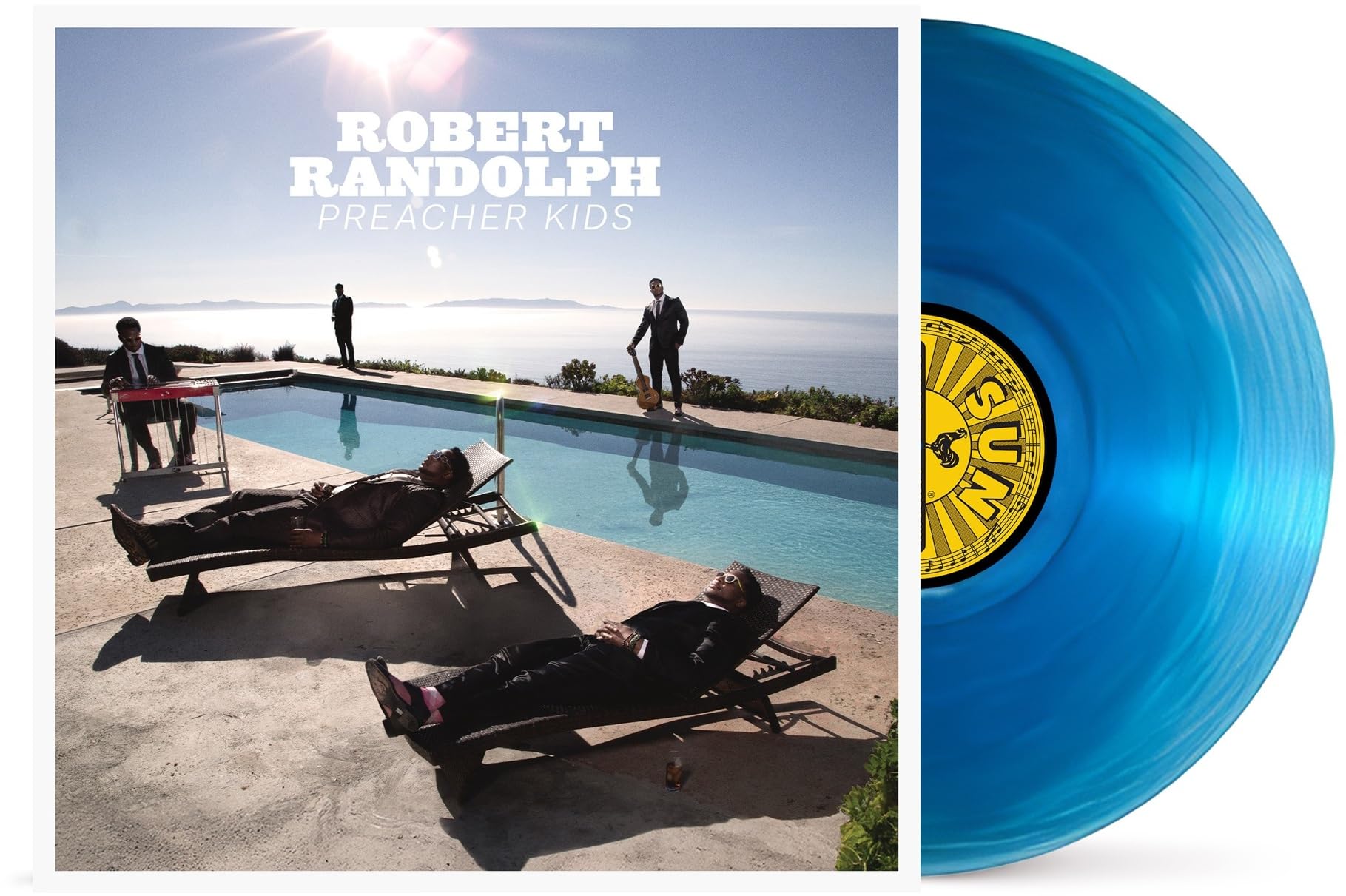 Robert Randolph album cover and a blue vinyl record shown.