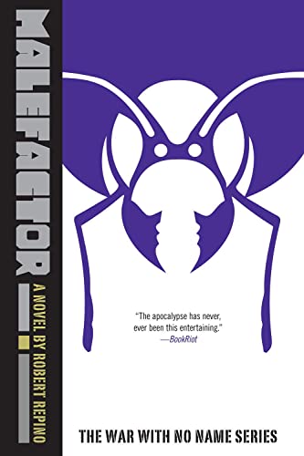 Book cover: “Malefactor” with a purple and white abstract face design.