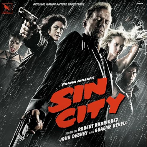 Black and white Sin City movie poster featuring cast members and large red text.