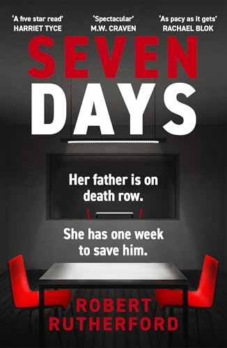 Book cover with red and white text, a table, and two red chairs.