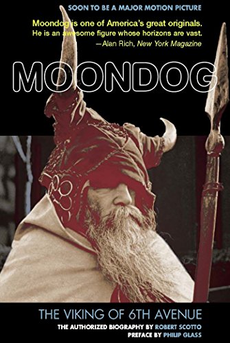 Book cover featuring Moondog in Viking helmet and cloak, holding a spear.