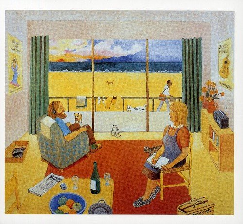 Painting of a room with two people, a beach view, and animals.