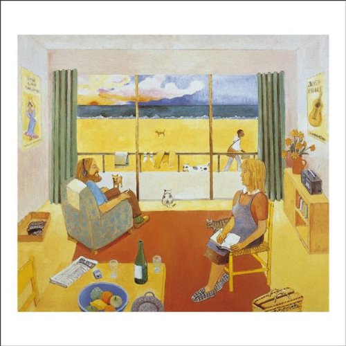 Painting of a room with two people, a dog, and a beach view.