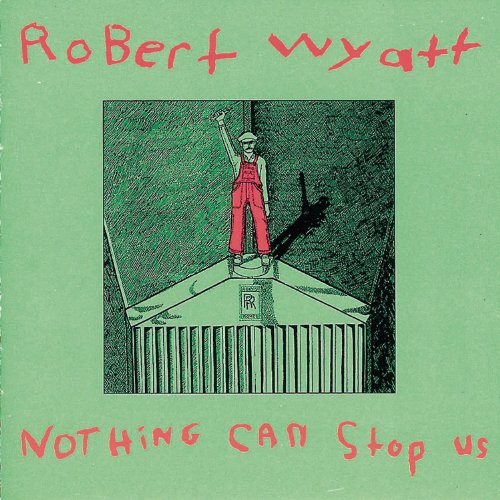 "Album cover with green background, illustration of person on rooftop, and red handwritten text."